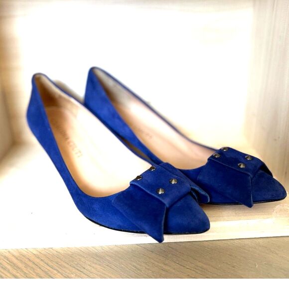Claudia Ciuti 100% Suede Leather Cobalt Blue Silver Studed Bow Kitten Heels SZ 7 - Picture 2 of 9